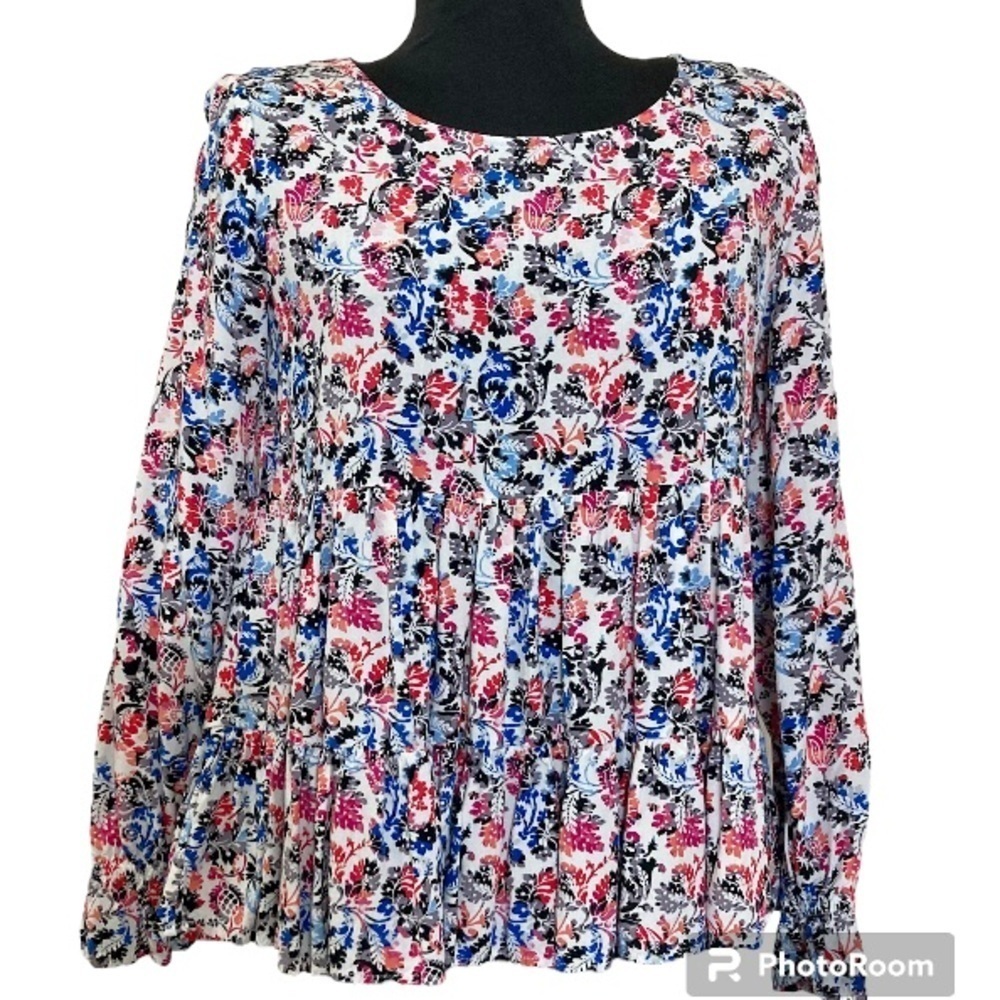Jane & Delancey Womens White Floral Long Sleeve Peplum Babydoll Boho top, small